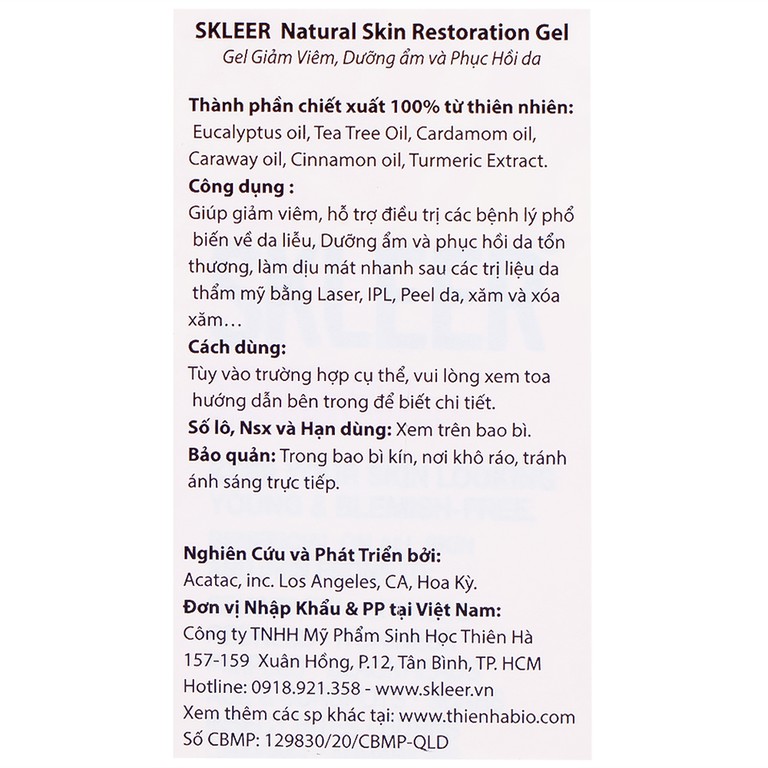 Gel bôi Skleer Natural Skin Restoration giảm viêm, dưỡng ẩm, phục hồi da tổn thương (30ml)