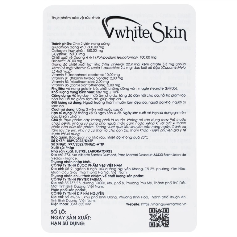 Thực phẩm bảo vệ sức khỏe VwhiteSkin hỗ trợ duy trì độ ẩm cho da, tăng độ đàn hồi cho da (30 viên)