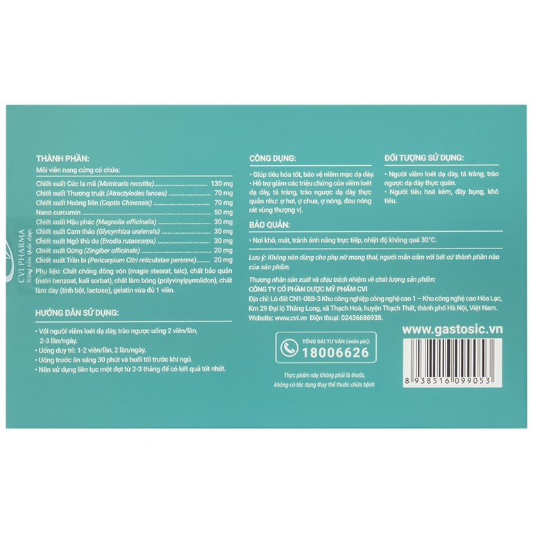 Viên uống Gastosic CVI Pharma giúp tiêu hóa tốt, bảo vệ niêm mạc dạ dày (3 vỉ x 10 viên)