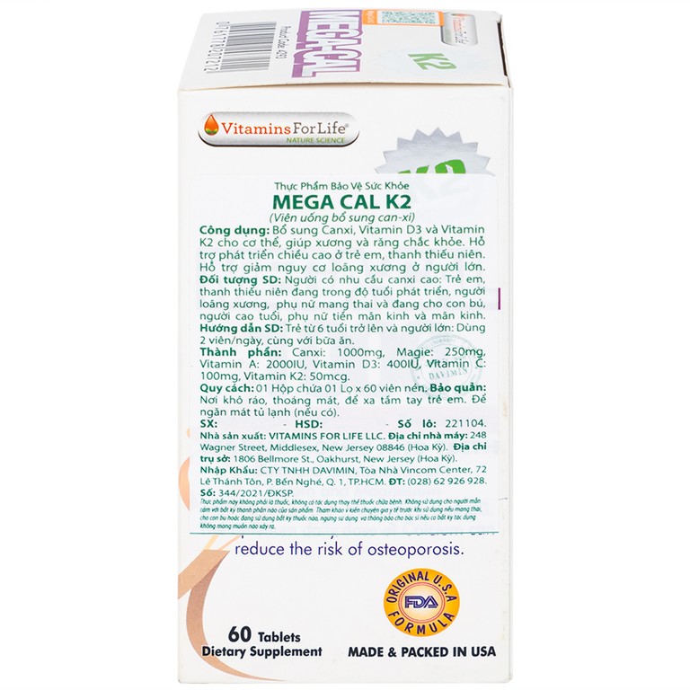 Viên uống Mega-Cal 1000 Vitamins For Life giúp bổ sung canxi, chống loãng xương (60 viên)