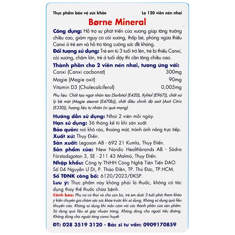 Viên nhai Borne Mineral New Nordic hỗ trợ phát triển xương, giúp tăng chiều cao, tăng đề kháng (120 viên)