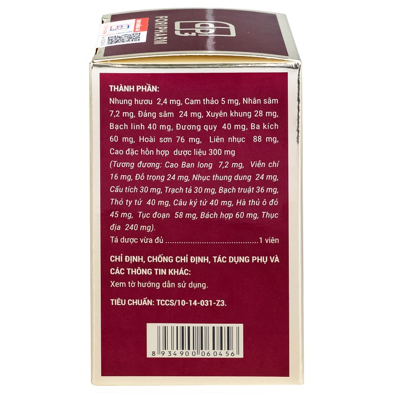 Sâm nhung bổ thận TW3 Foripharm giúp tăng cường sức khỏe, cải thiện tiểu đêm, tê mỏi chân tay (60 viên)
