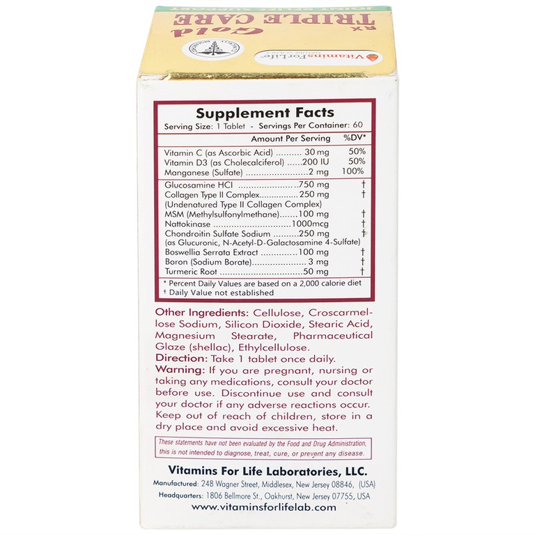 Viên nang cứng Triple Care Gold Vitamins For Life Hỗ trợ tăng tiết dịch khớp, giảm thoái hóa khớp (60 viên)