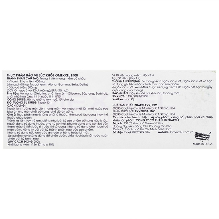 Thực phẩm bảo vệ sức khỏe Omexxel E400 hỗ trợ chống oxy hóa, tốt cho da (3 vỉ x 10 viên)