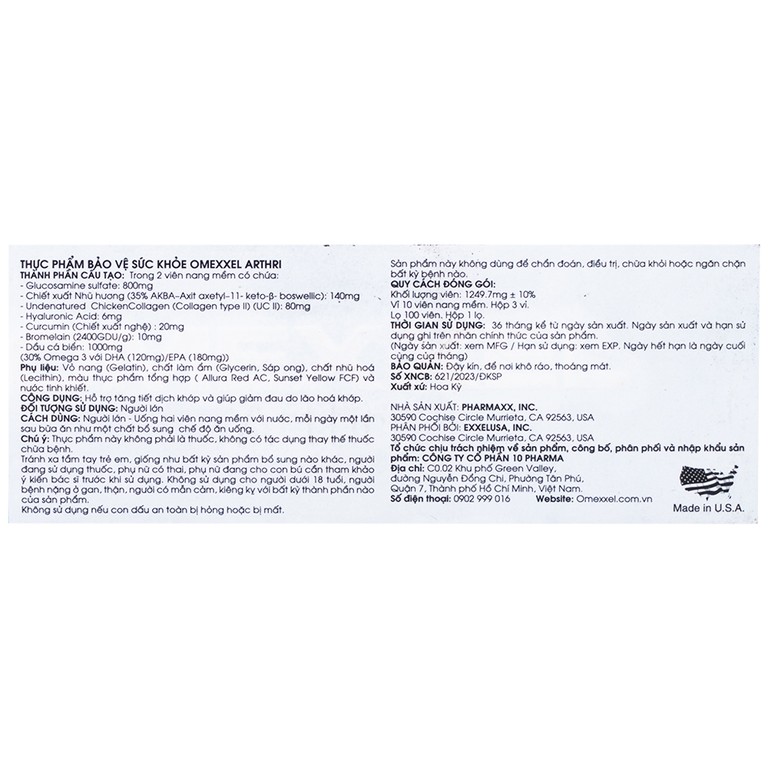 Viên nang mềm Omexxel Arthri hỗ trợ tăng tiết dịch khớp, giảm đau do lão hóa khớp (3 vỉ x 10 viên)