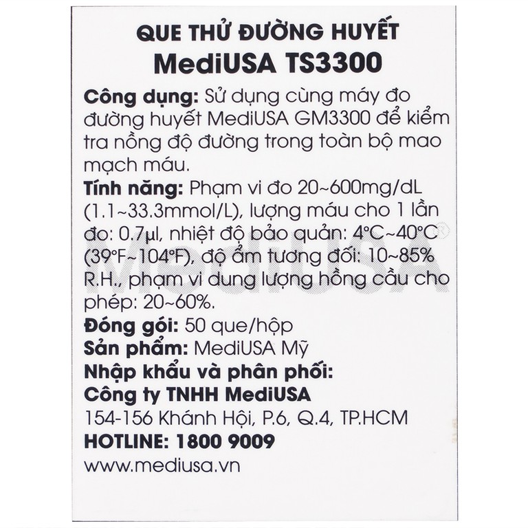 Que thử đường huyết MediUSA TS3300 sử dụng cùng máy đo đường huyết MediUSA GM3300 (50 que)