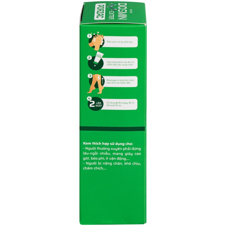 Kem bôi Diosmin Extra Porzas phòng ngừa suy giãn tĩnh mạch, phù chân, nặng chân (75ml)