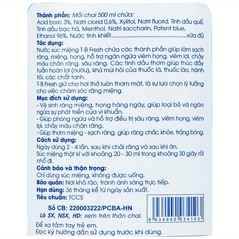Nước súc miệng T-B Fresh 500ml Traphaco làm sạch răng, miệng, họng, hỗ trợ ngăn ngừa viêm họng, viêm lợi
