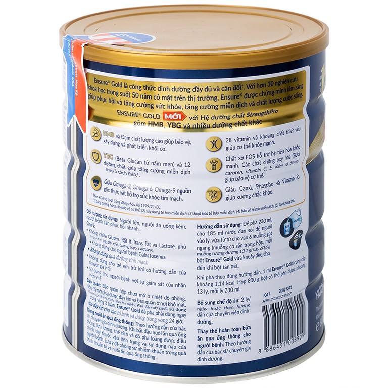 Sữa bột Ensure Gold StrengthPro Abbott hương vani tăng cường sức khỏe khối cơ, tăng miễn dịch (800g)