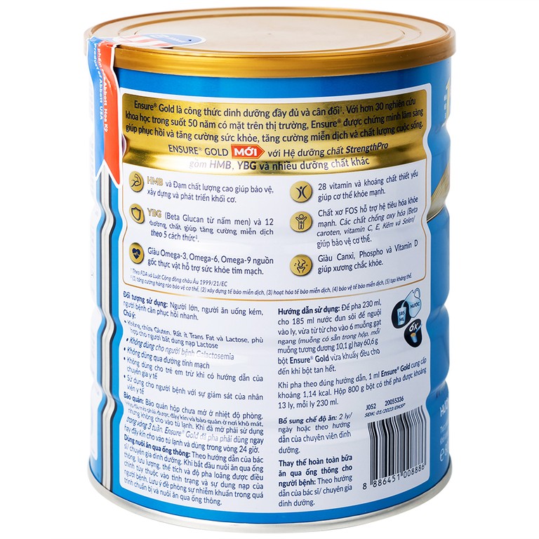 Sữa bột Ensure Gold StrengthPro Abbott hương vani, ít ngọt, tăng cường sức khỏe khối cơ, tăng miễn dịch (800g)