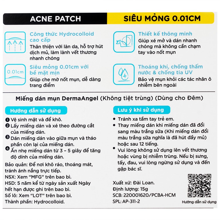 Miếng dán mụn ban đêm DermaAngel hút mụn, làm lành vết thương sau mụn (12 miếng x 15g)