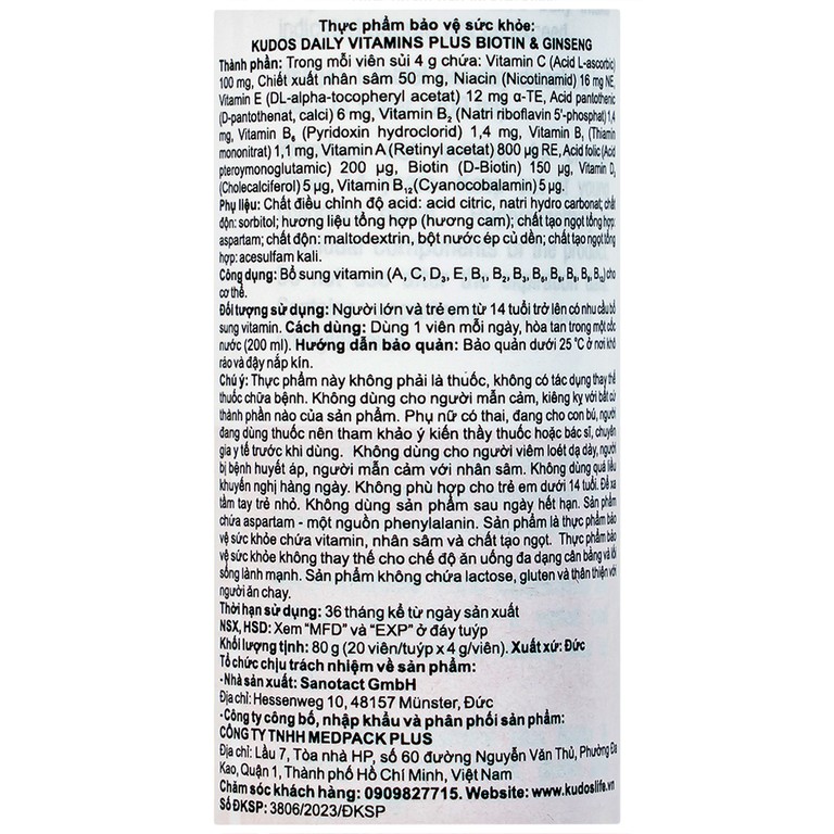 Viên sủi Kudos Daily Vitamins Plus Biotin & Ginseng hương cam giúp bổ sung vitamin cho cơ thể (20 viên)