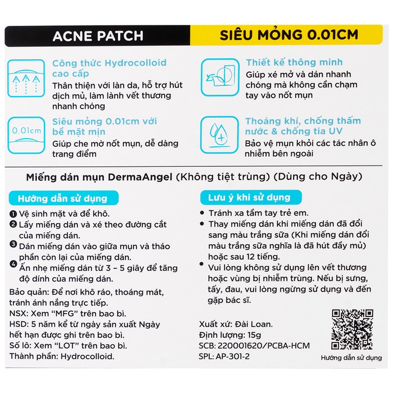 Miếng dán mụn ban ngày DermaAngel hút mụn nhanh chóng và làm lành vết thương sau mụn (12 miếng x 15g)