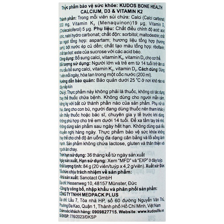 Viên sủi Kudos Bone hương cam bổ sung canxi, vitamin K2, vitamin D3 cho cơ thể (20 viên)