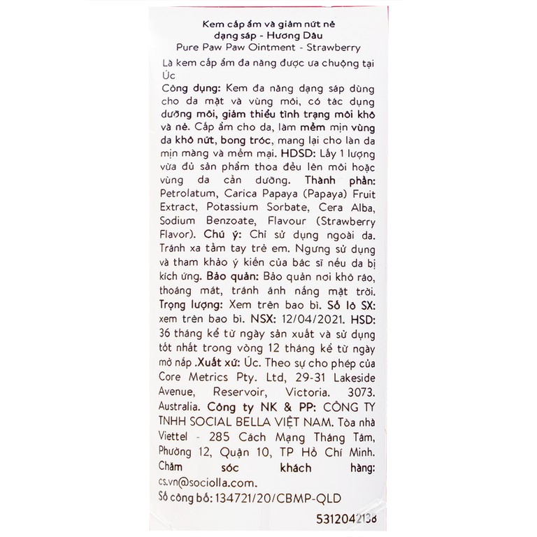 Kem Pure Paw Paw Ointment hương dâu giúp dưỡng ẩm, giảm nứt nẻ, côn trùng cắn (25g)