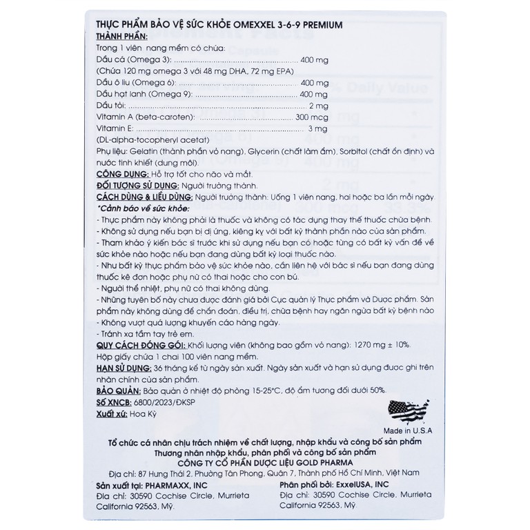 Viên uống Omexxel 3-6-9 Premium hỗ trợ tốt cho não và mắt (100 viên)