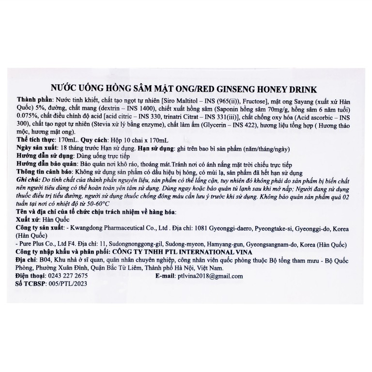 Nước Hồng Sâm Mật Ong Kwangdong (10 chai x 170ml)