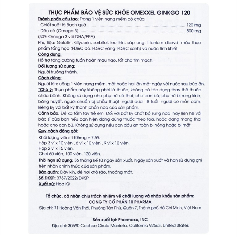Viên uống Omexxel Ginkgo 120 hỗ trợ tăng cường tuần hoàn máu não, tốt cho tim mạch (60 viên)