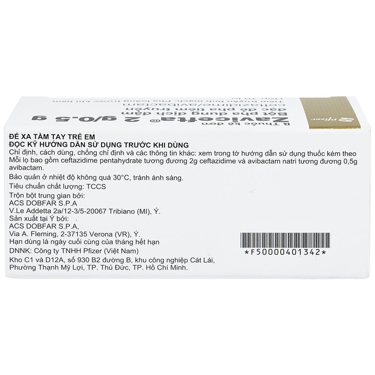 Thuốc Zavicefta 2g/0.5g Pfizer dùng trong nhiễm khuẩn ổ bụng, nhiễm trùng đường tiết niệu (10 lọ)