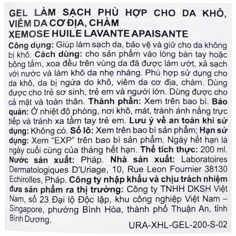 Gel tắm Uriage Xemoss Huile Lavante Apaisante dành cho da khô, viêm da cơ địa (200ml)