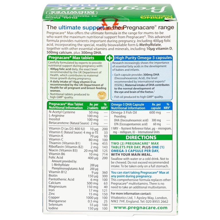Viên uống Pregnacare Max Omega 3 DHA Vitabiotics cung cấp vitamin và khoáng chất cho phụ nữ mang thai (84 viên)
