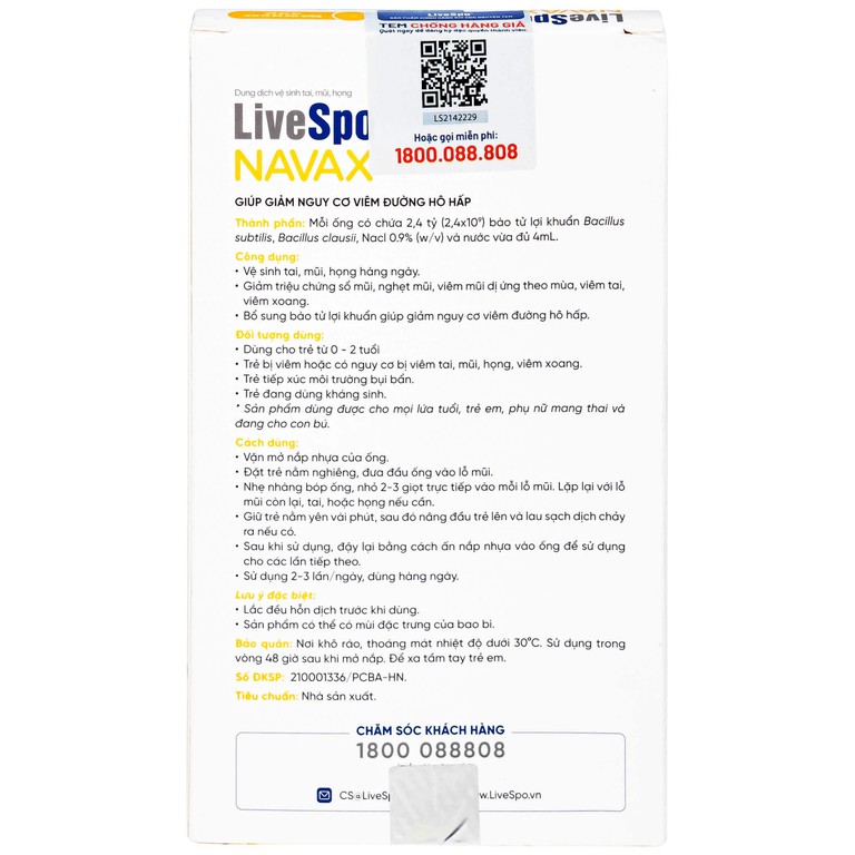 Dung dịch vệ sinh tai, mũi, họng LiveSpo Navax 4ml giảm nguy cơ viêm đường hô hấp (10 ống)