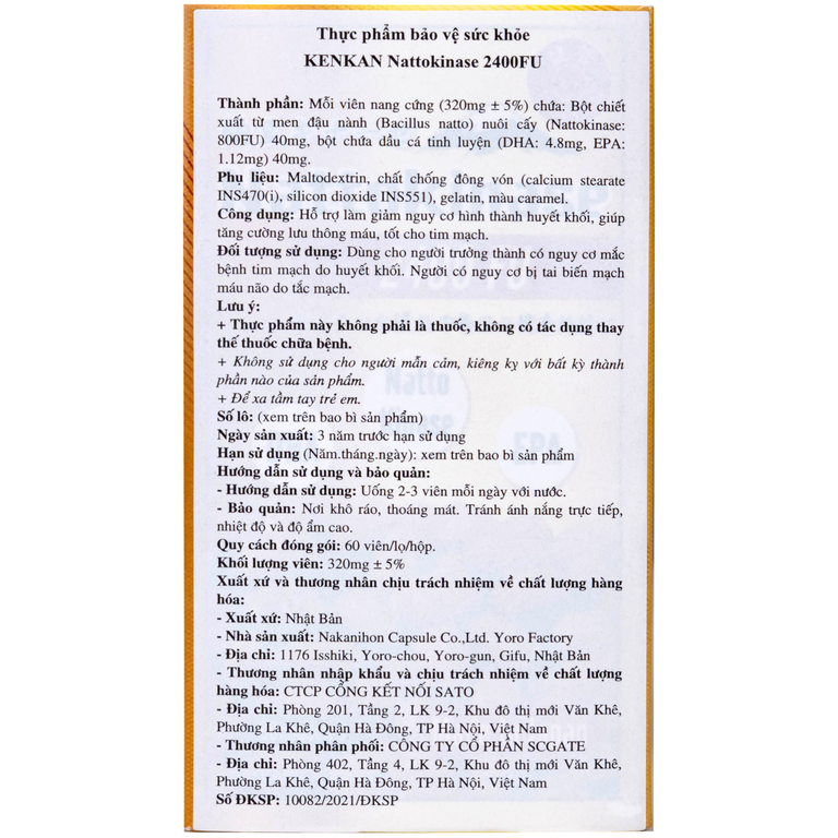 Viên uống KenKan Nattokinase 2400FU giảm nguy cơ hình thành huyết khối, tăng cường lưu thông máu (60 viên)