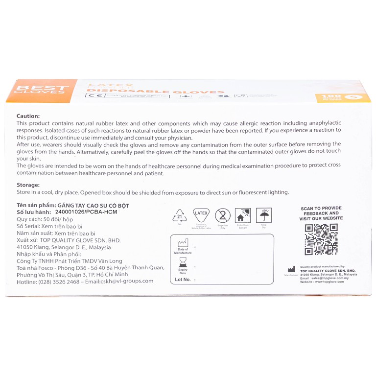 Găng tay cao su y tế có bột phủ Latex Powder Disposable Best Gloves size S (100 cái)