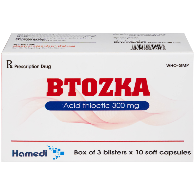 Thuốc Btozka 300mg Hamedi điều trị rối loạn cảm giác trong bệnh viêm đa dây thần kinh đái tháo đường (3 vỉ x 10 viên)