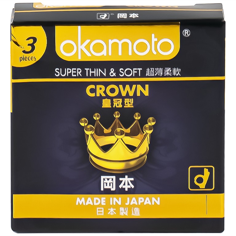 Bao cao su Okamoto Crown kích cỡ nhỏ, siêu mỏng, mềm mại dùng để phòng tránh thai và ngăn ngừa HIV (3 cái)
