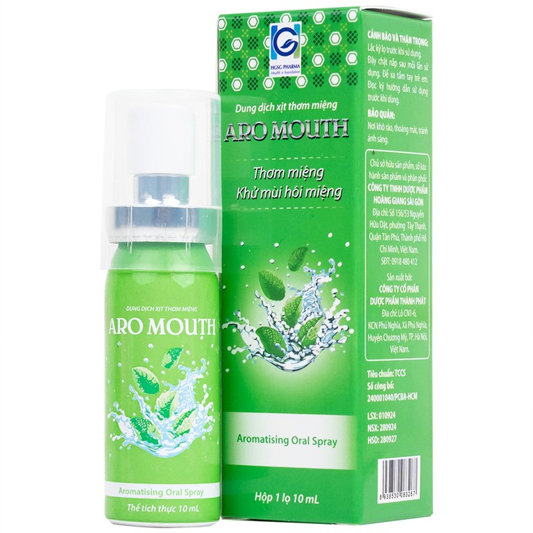 Xịt thơm miệng Aro Mouth 10ml Hgsg Pharma làm thơm miệng tức thì khử mùi hôi miệng, mùi thức ăn, rượu bia