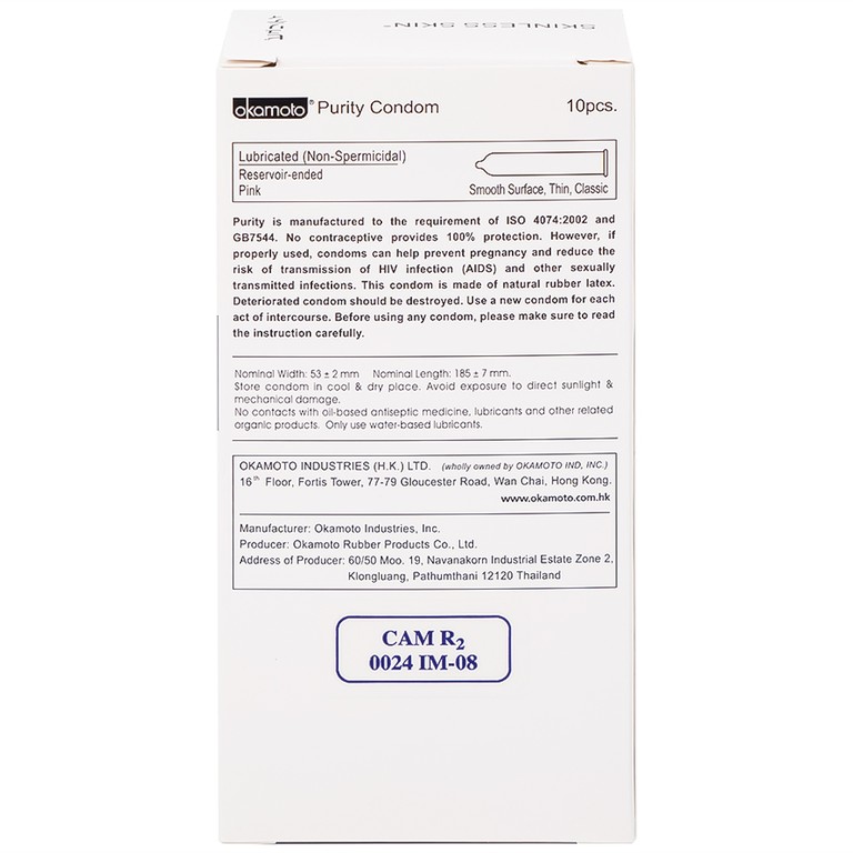 Bao cao su Okamoto Skinless Skin Purity không mùi, tinh khiết, dùng để phòng tránh thai và ngăn ngừa HIV (10 cái)