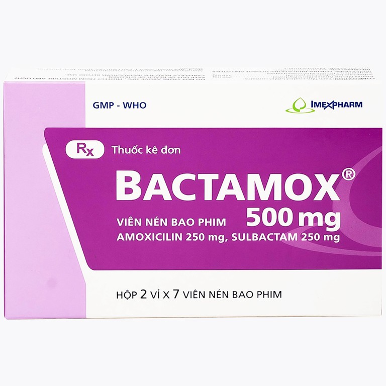 Thuốc Bactamox 500mg Imexpharm điều trị nhiễm khuẩn đường hô hấp dưới, viêm tai giữa (2 vỉ x 7 viên)