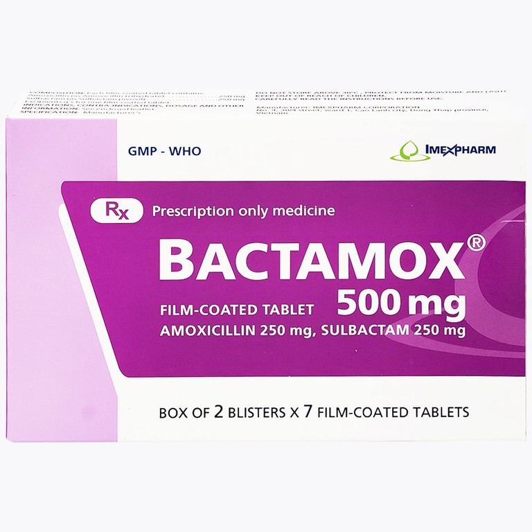 Thuốc Bactamox 500mg Imexpharm điều trị nhiễm khuẩn đường hô hấp dưới, viêm tai giữa (2 vỉ x 7 viên)
