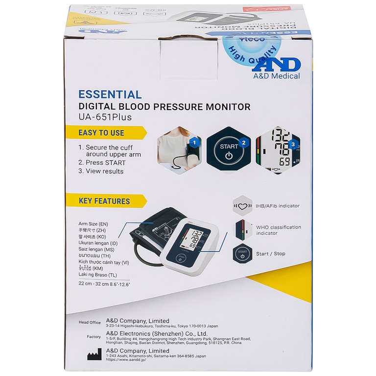 Máy đo huyết áp bắp tay tự động AND UA-651 Plus hỗ trợ đo huyết áp, cảnh báo đột quỵ