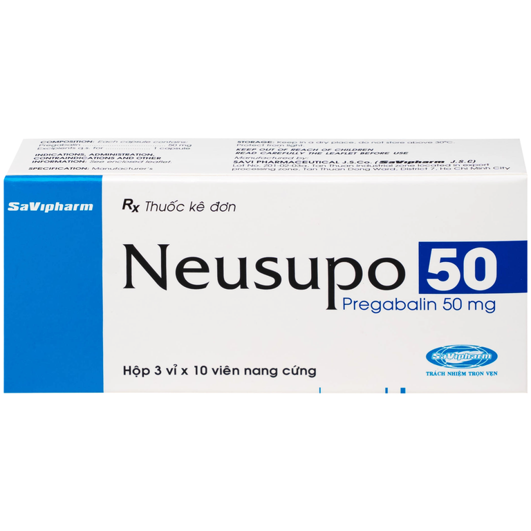 Thuốc Neusupo 50mg Savipharm đau thần kinh, lo âu lan tỏa, đau cơ xơ hóa, hỗ trợ động kinh cục bộ (3 vỉ x 10 viên)