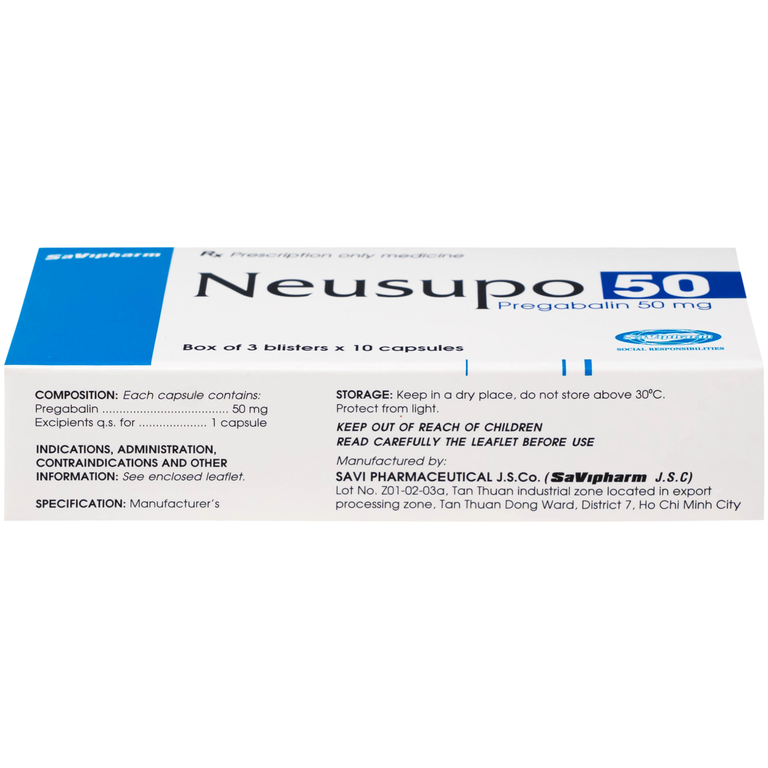 Thuốc Neusupo 50mg Savipharm đau thần kinh, lo âu lan tỏa, đau cơ xơ hóa, hỗ trợ động kinh cục bộ (3 vỉ x 10 viên)