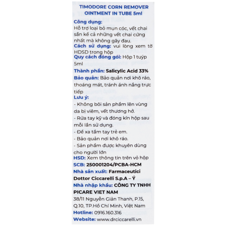 Thuốc mỡ Timodore Pomata Callifugo Ciccarell trị mụn cóc, vết chai (5ml)