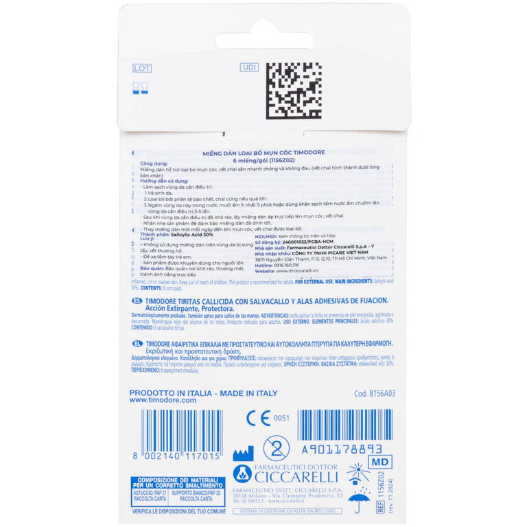 Miếng dán Timodore Cerotto Callifugo Ciccarell giúp loại bỏ mụn cóc và vết chai sần (6 miếng)