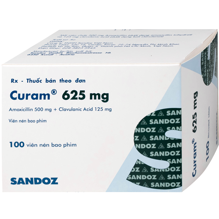 Thuốc Curam 625mg Sandoz điều trị nhiễm khuẩn do các vi khuẩn nhạy cảm (25 vỉ x 4 viên)