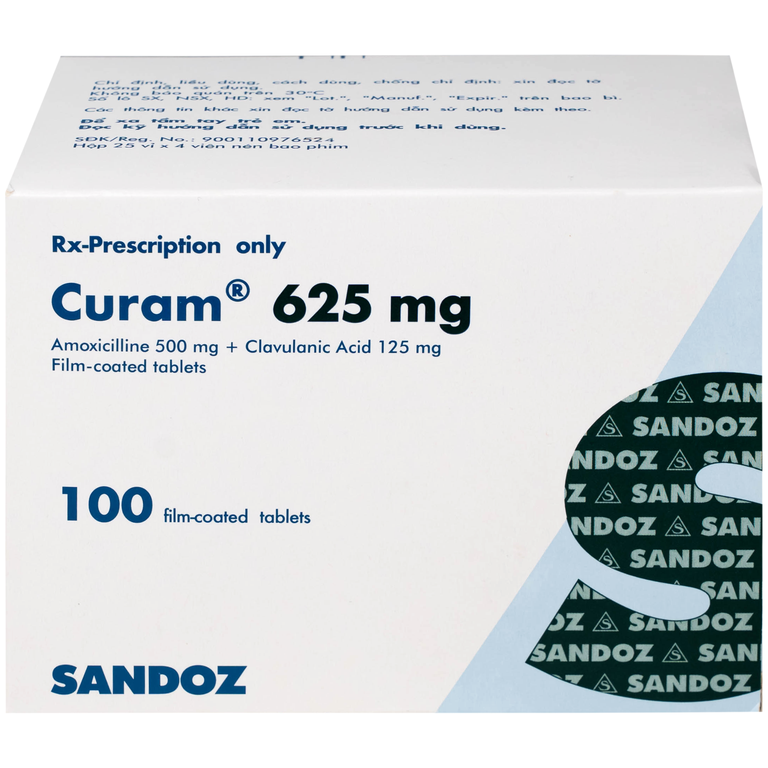 Thuốc Curam 625mg Sandoz điều trị nhiễm khuẩn do các vi khuẩn nhạy cảm (25 vỉ x 4 viên)