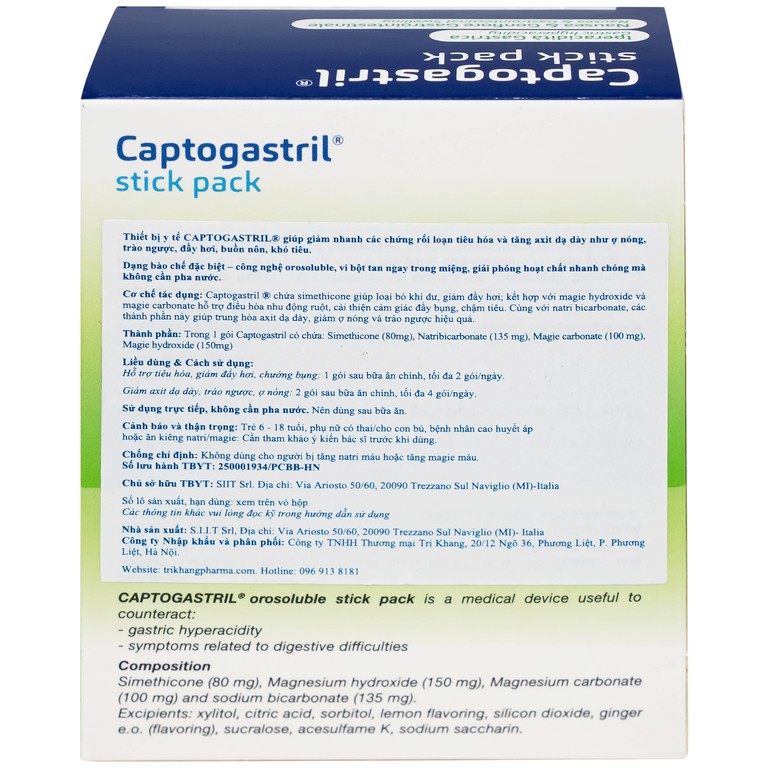 Vi bột Captogastril giảm nhanh acid, đau dạ dày, ợ nóng, đầy hơi, buồn nôn, khó tiêu (20 gói)