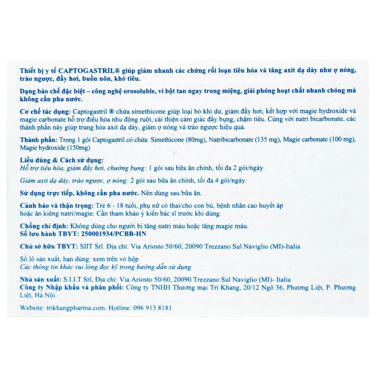 Vi bột Captogastril giảm nhanh acid, đau dạ dày, ợ nóng, đầy hơi, buồn nôn, khó tiêu (20 gói)