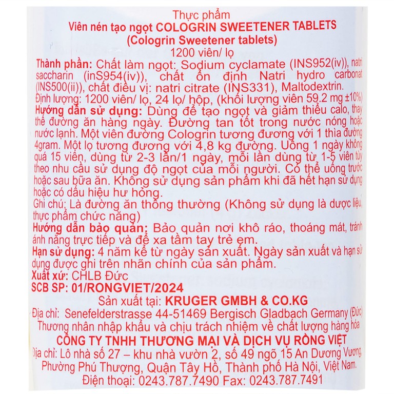 Đường Ăn Kiêng Cologrin Kruger (1200 viên)