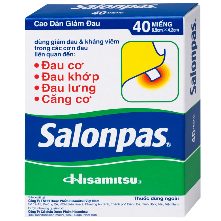 Thuốc Salonpas 6.5cm x 4.2cm Hisamitsu hỗ trợ giảm đau, kháng viêm (5 hộp x 4 gói)