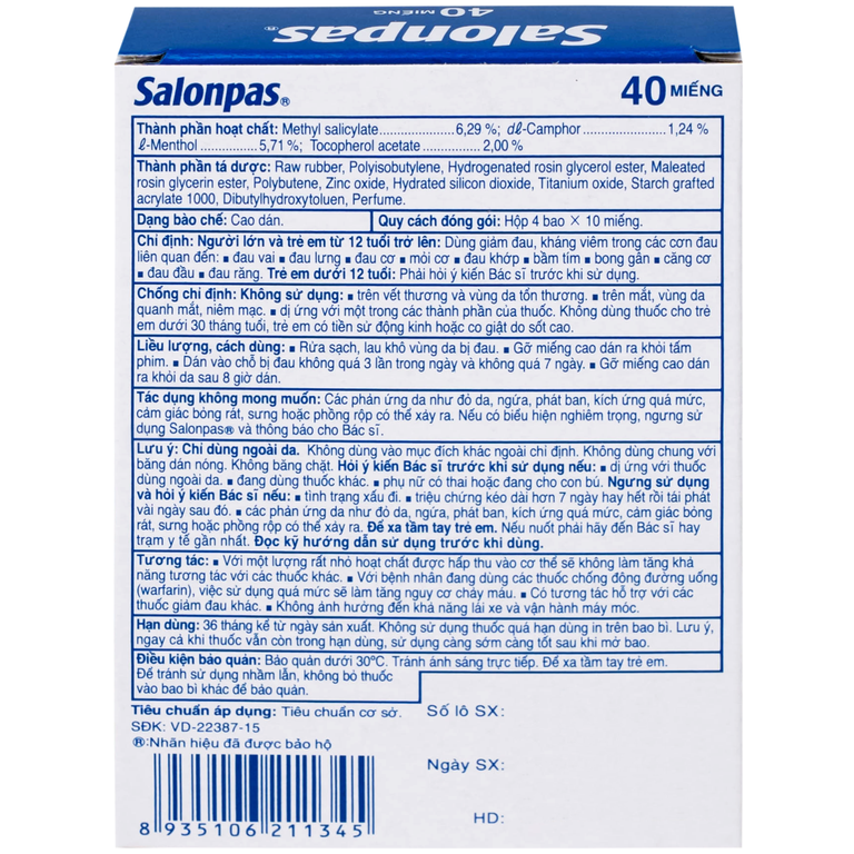 Thuốc Salonpas 6.5cm x 4.2cm Hisamitsu hỗ trợ giảm đau, kháng viêm (5 hộp x 4 gói)