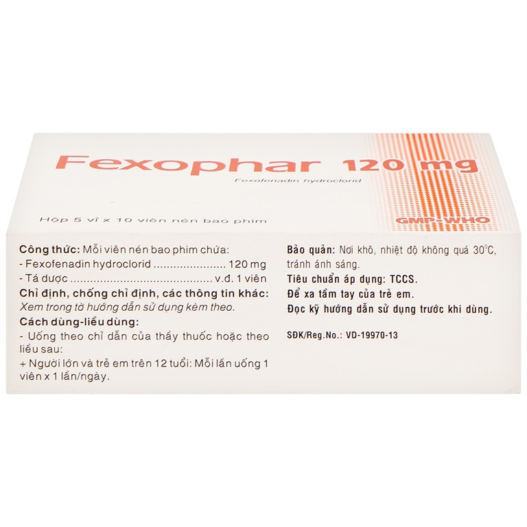 Thuốc Fexophar 120mg TV.Pharm điều trị triệu chứng viêm mũi dị ứng, sổ mũi, hắt hơi, dị ứng da (5 vỉ x 10 viên)