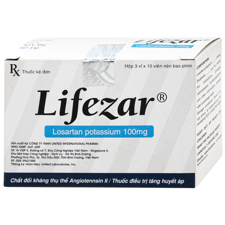 Thuốc Lifezar 100mg United điều trị tăng huyết áp, bệnh thận do đái tháo đường (3 vỉ x 10 viên)