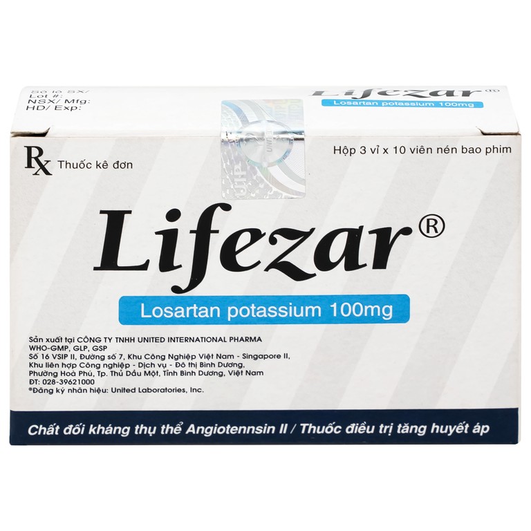 Thuốc Lifezar 100mg United điều trị tăng huyết áp, bệnh thận do đái tháo đường (3 vỉ x 10 viên)