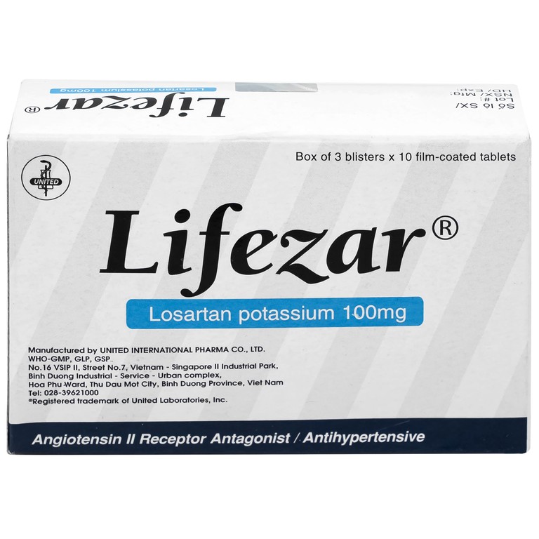Thuốc Lifezar 100mg United điều trị tăng huyết áp, bệnh thận do đái tháo đường (3 vỉ x 10 viên)